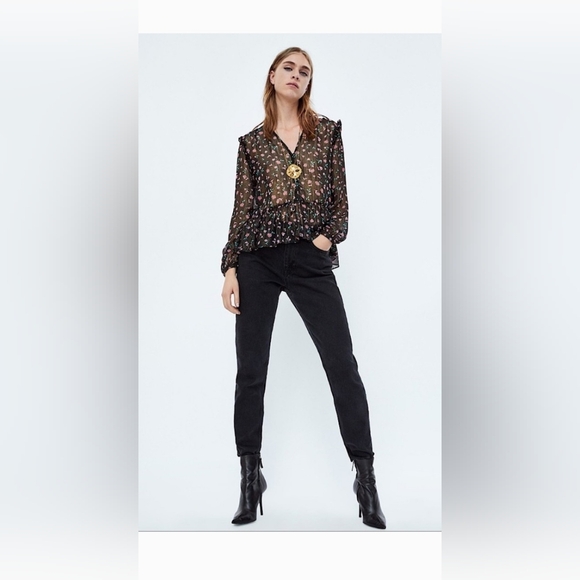 NWOT! Sheer Metallic Women's Zara Spring Peplum Floral Boho Blouse Medium - Picture 12 of 15